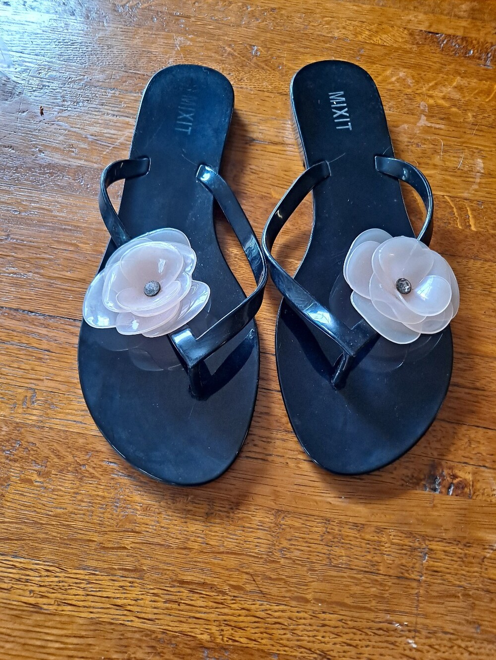Mixit Black Flip Flops with Pale Pink Floral Attachment Sandals